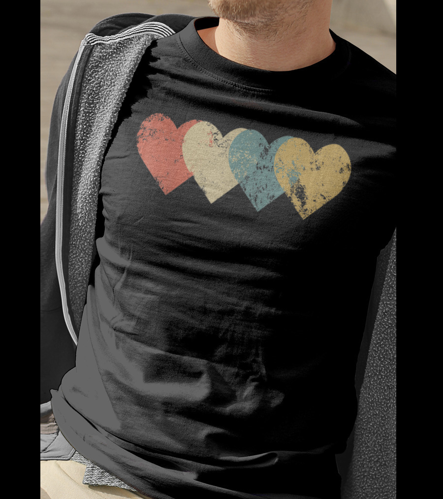 Vintage Hearts Cool Valentines Day Distressed Multicolor T-Shirt