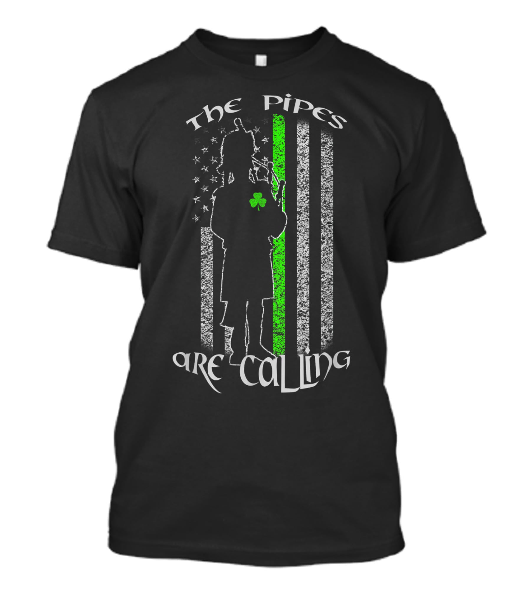 The Pipes Are Calling Saint Patrick's Day Bagpipe Silhouette And Shamrock Flag T-Shirt