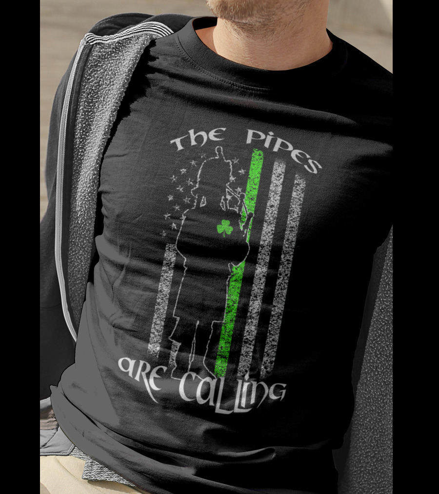 The Pipes Are Calling Saint Patrick's Day Bagpipe Silhouette And Shamrock Flag T-Shirt