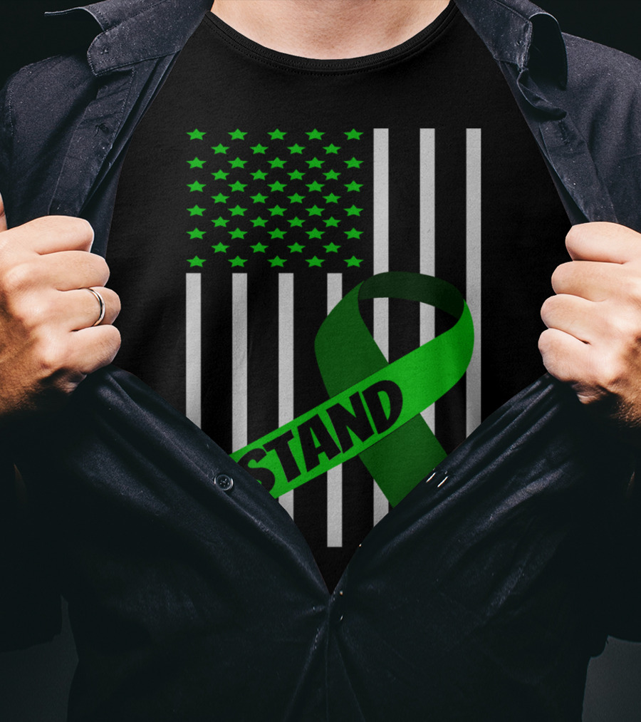 USA Flag Green Ribbon Stand Kidney Disease Awareness T-Shirt