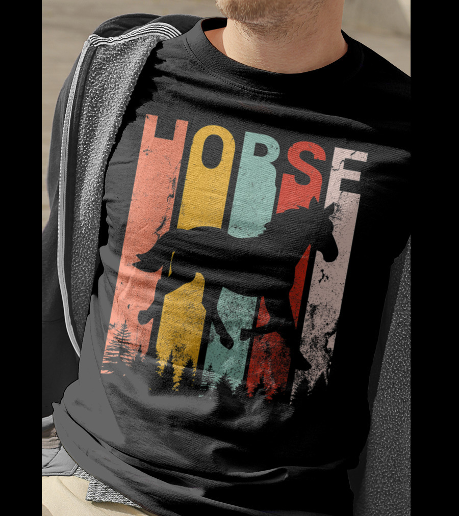 Vintage Style Horse Lover Silhouette With Colorful Stripes And Forest T-Shirt