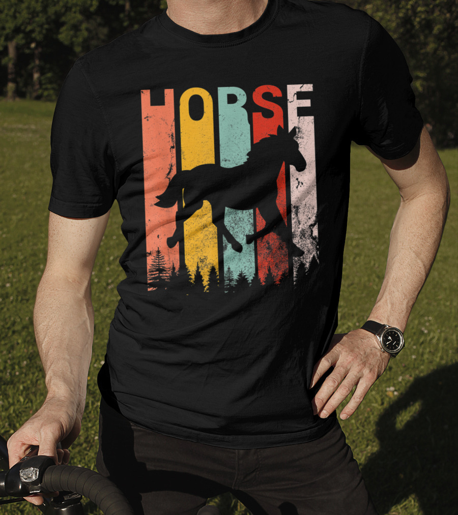 Vintage Style Horse Lover Silhouette With Colorful Stripes And Forest T-Shirt