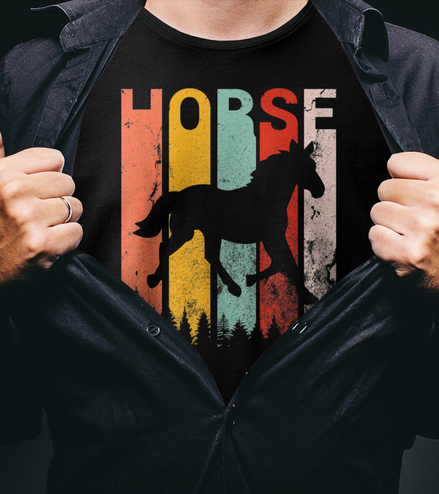 Vintage Style Horse Lover Silhouette With Colorful Stripes And Forest T-Shirt