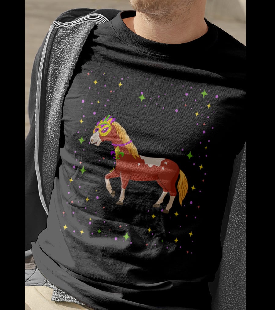 Mardi Gras Horse Wearing Mask And Beads With Colorful Stars T-Shirt