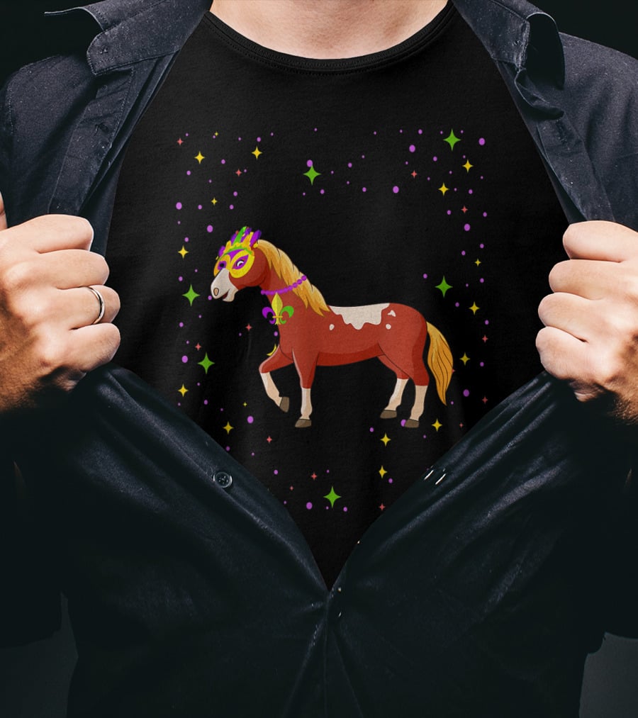 Mardi Gras Horse Wearing Mask And Beads With Colorful Stars T-Shirt
