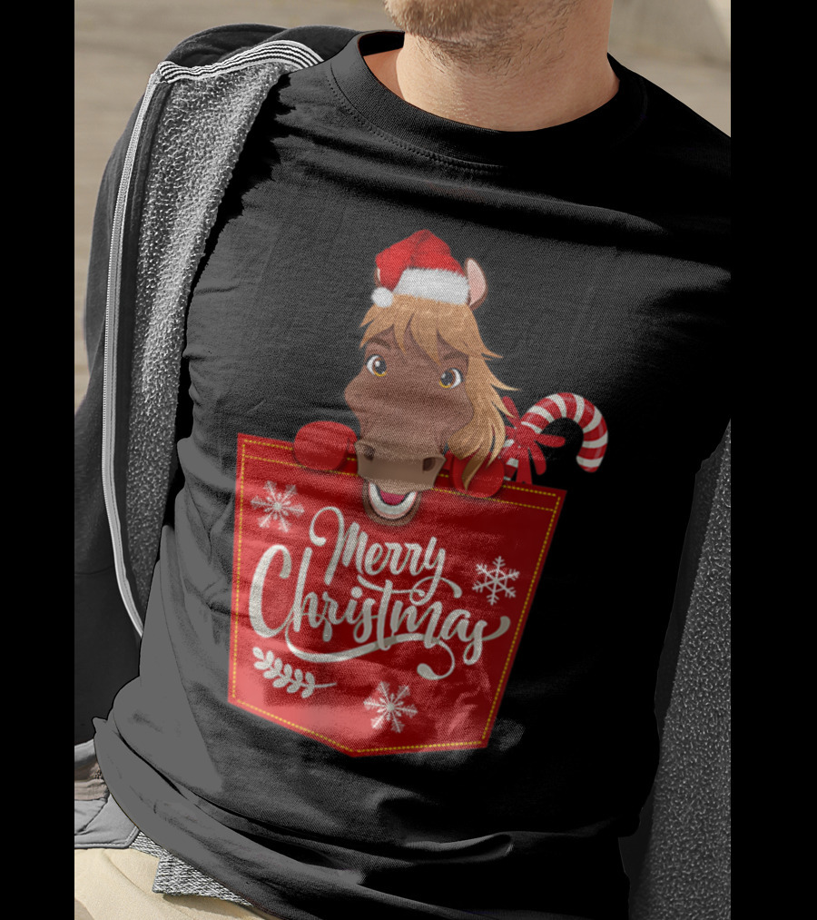 Merry Christmas Santa Hat Horse Candy Cane Funny Pocket T-Shirt
