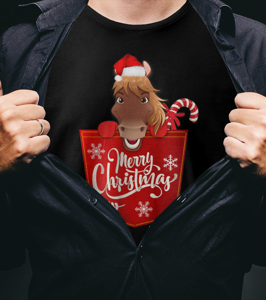 Merry Christmas Santa Hat Horse Candy Cane Funny Pocket T-Shirt