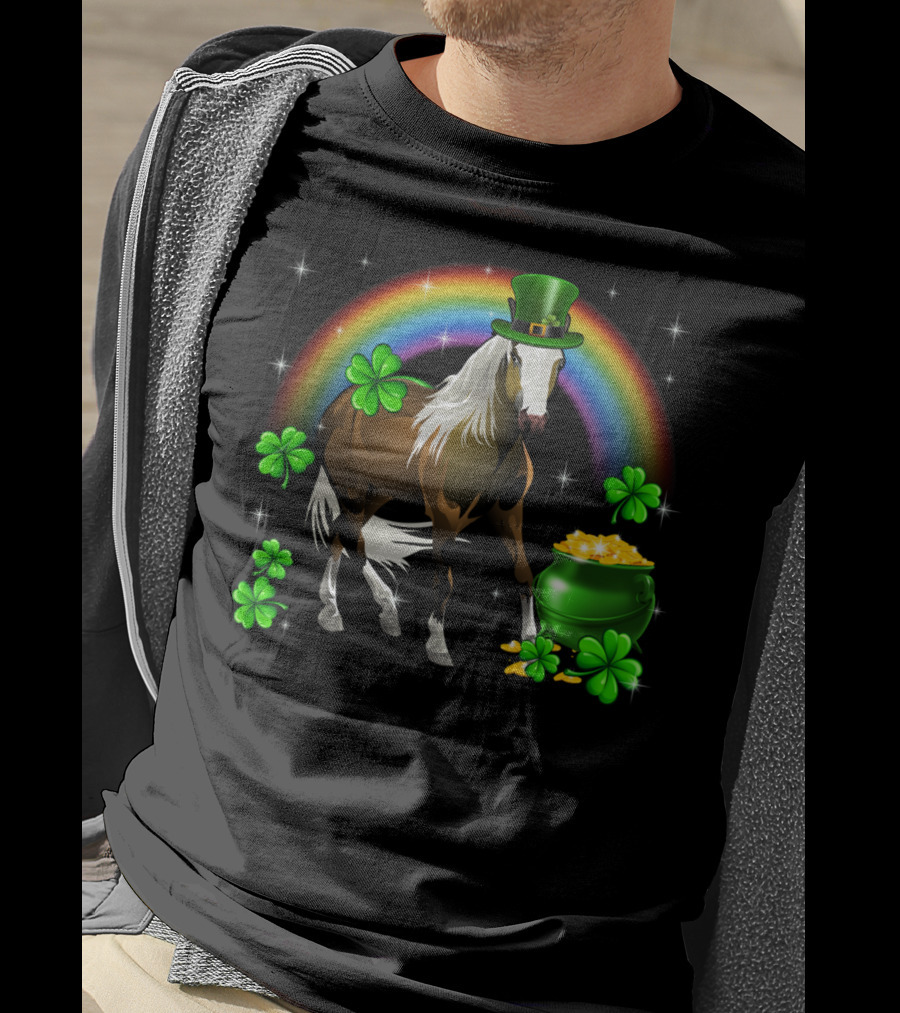 Lucky St Patricks Day Horse With Shamrocks And Rainbow T-Shirt