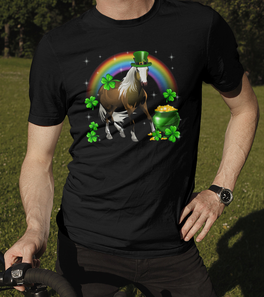 Lucky St Patricks Day Horse With Shamrocks And Rainbow T-Shirt
