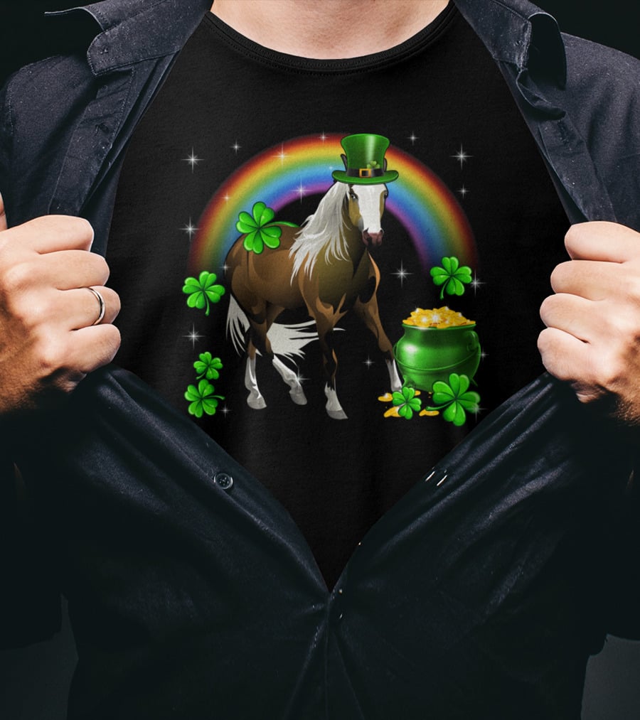 Lucky St Patricks Day Horse With Shamrocks And Rainbow T-Shirt