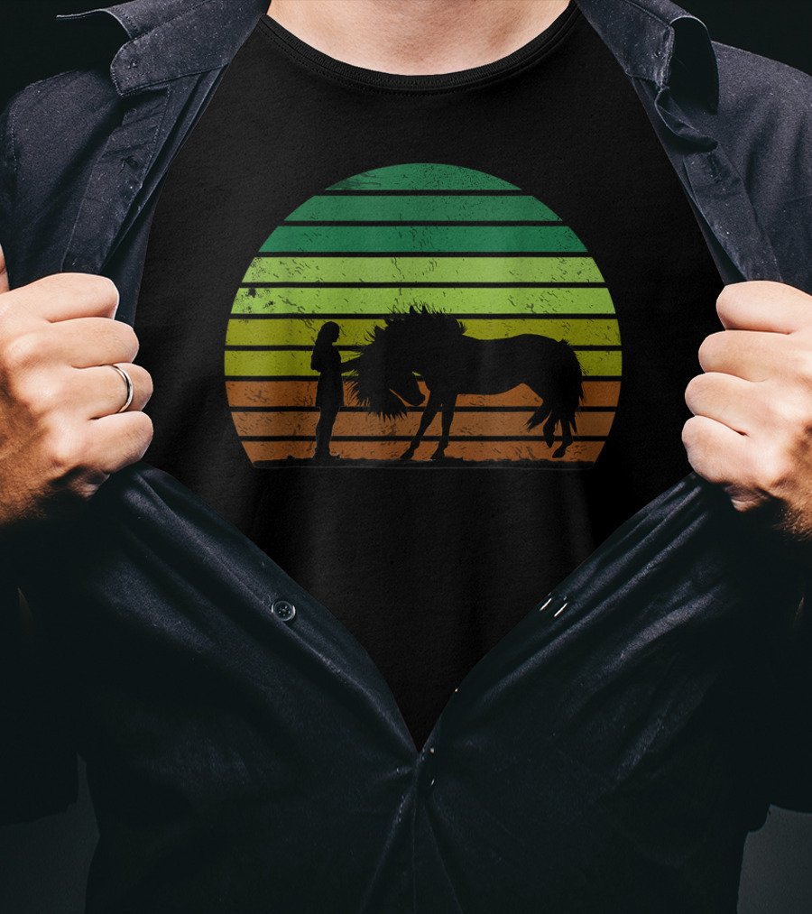 Girl And Horse Silhouette Sunset Stripes T-Shirt
