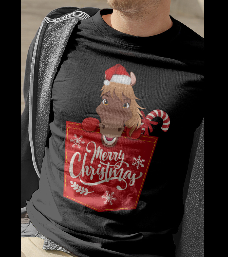 Funny Horse In Santa Hat With Candy Cane Merry Christmas Crewneck T-Shirt