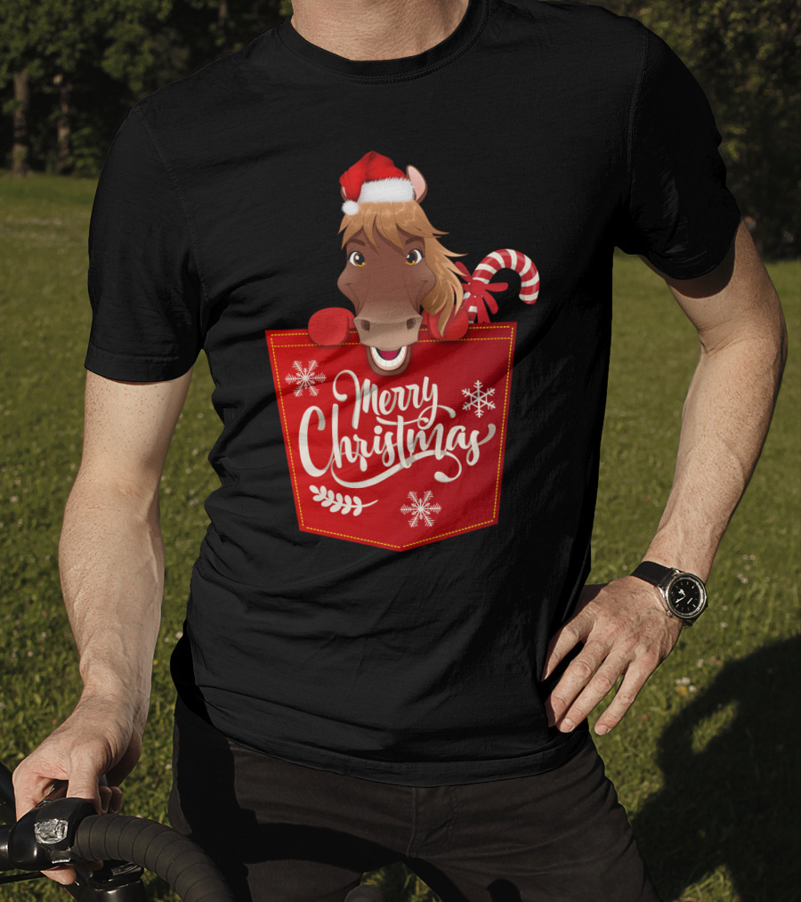 Funny Horse In Santa Hat With Candy Cane Merry Christmas Crewneck T-Shirt