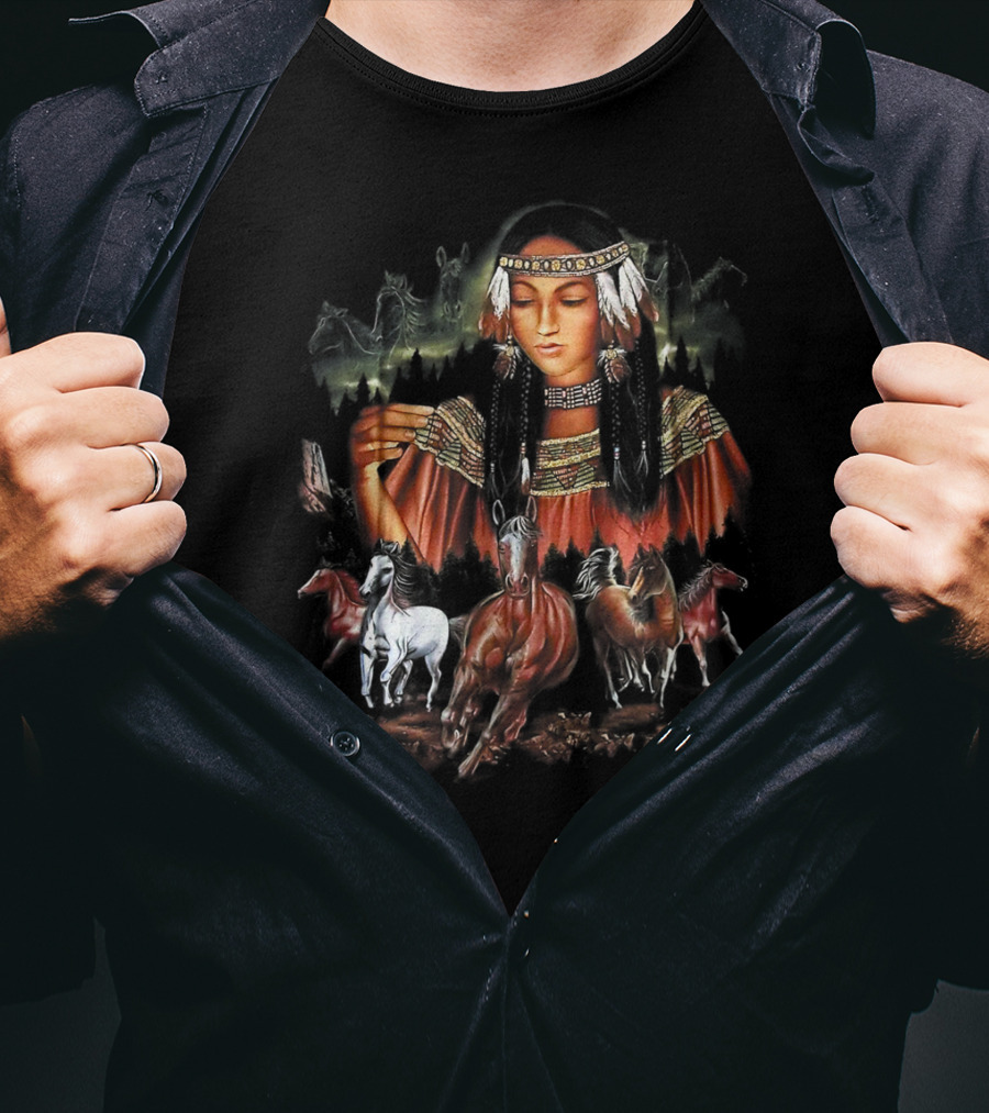 Native American Girl With Horses And Tribal Elements T-Shirt
