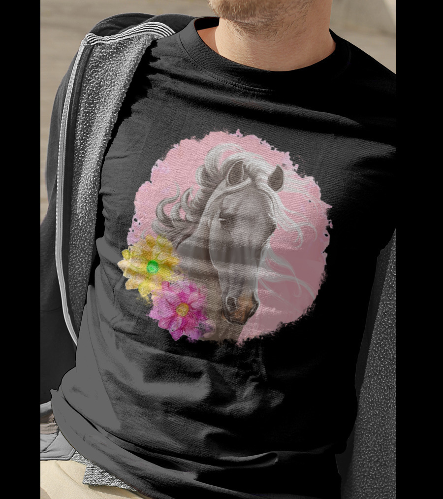Gorgeous Horse With Vibrant Flowers On Pink Background T-Shirt