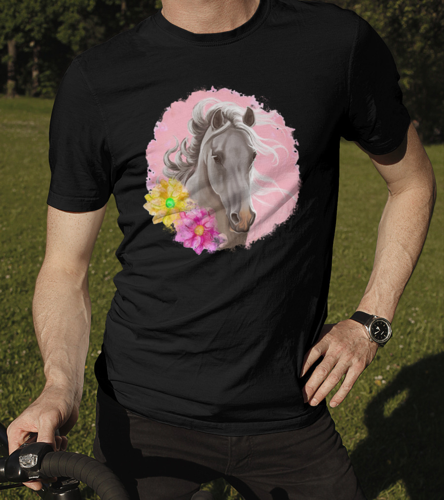 Gorgeous Horse With Vibrant Flowers On Pink Background T-Shirt