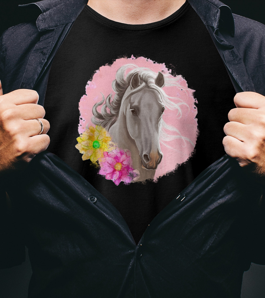 Gorgeous Horse With Vibrant Flowers On Pink Background T-Shirt