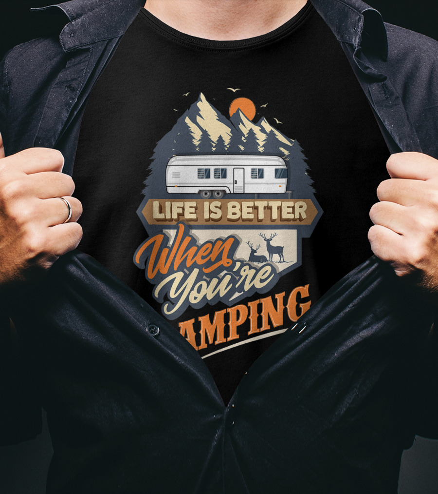 Life Is Better When You're Camping Classic Travel Trailer Scene T-Shirt