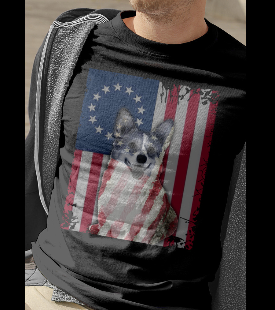 Corgi Betsy Ross US American Flag Costume With Stars And Stripes Background T-Shirt