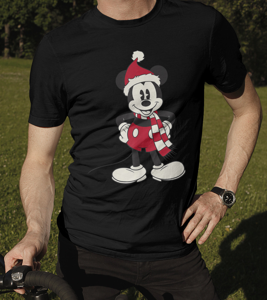 Disney Mickey Mouse Christmas Santa Hat And Scarf T-Shirt