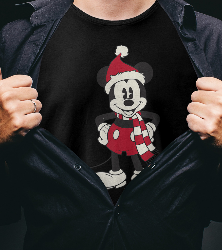 Disney Mickey Mouse Christmas Santa Hat And Scarf T-Shirt