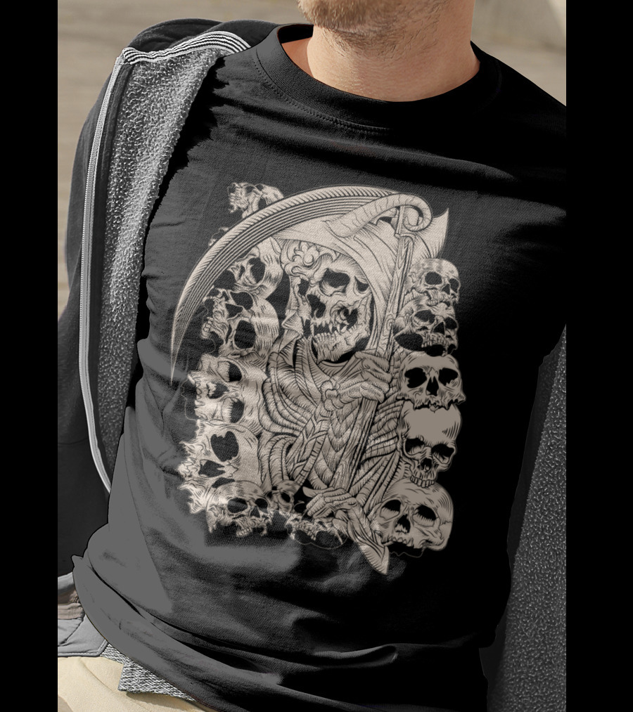Grim Reaper Skull Scythe Classic Ink Drawing T-Shirt