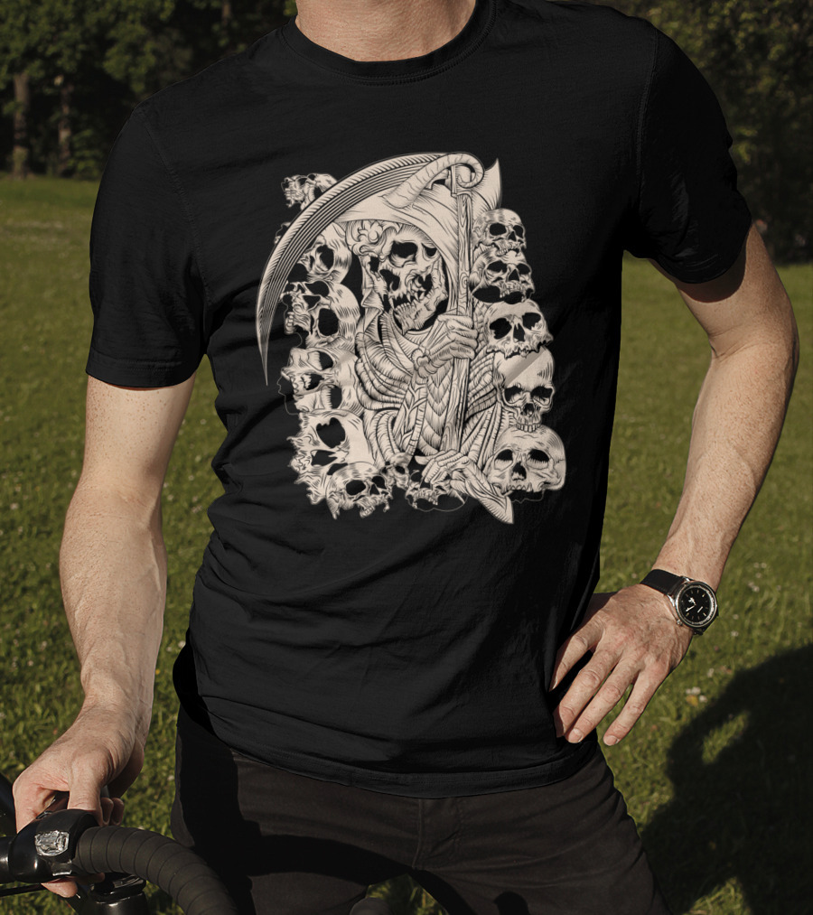 Grim Reaper Skull Scythe Classic Ink Drawing T-Shirt