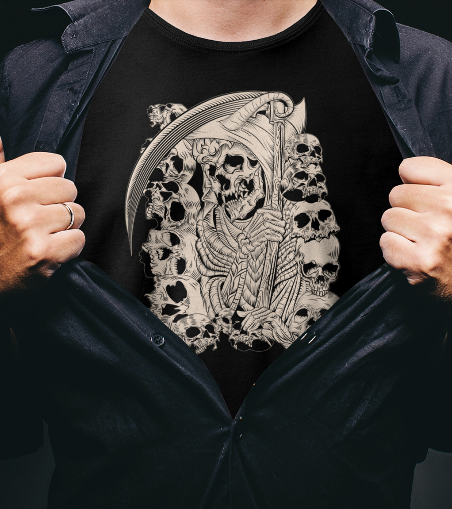 Grim Reaper Skull Scythe Classic Ink Drawing T-Shirt