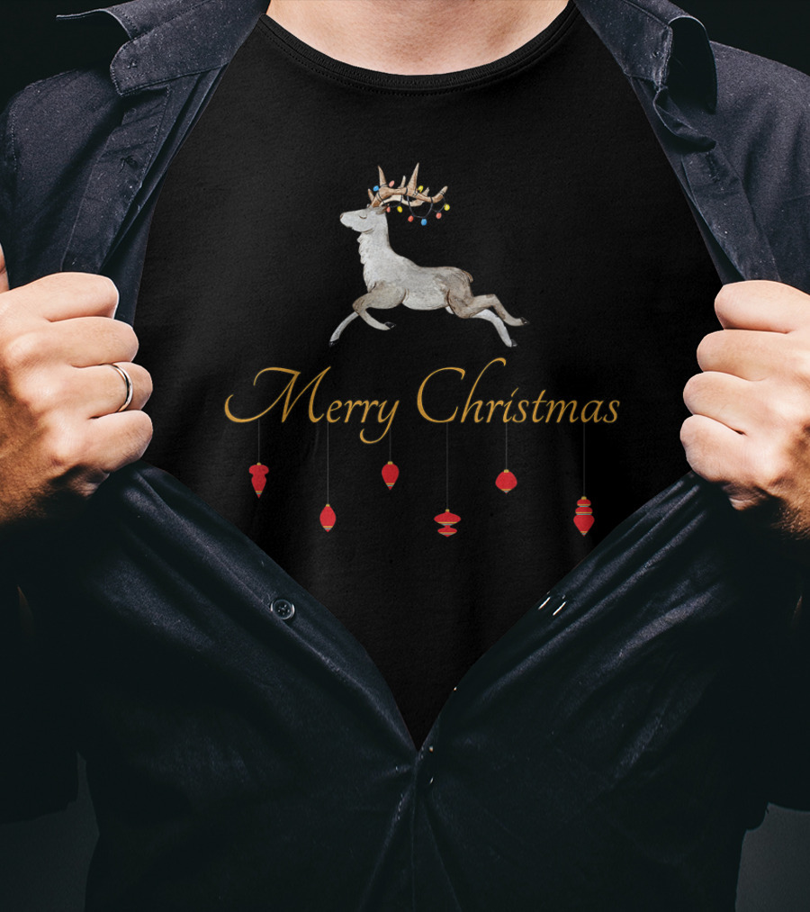 Merry Christmas Prancing Reindeer With Ornaments T-Shirt