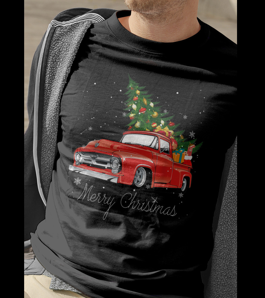 Merry Christmas Red Truck With Christmas Tree And Gifts In Snow T-Shirt