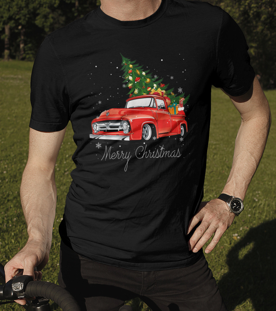Merry Christmas Red Truck With Christmas Tree And Gifts In Snow T-Shirt