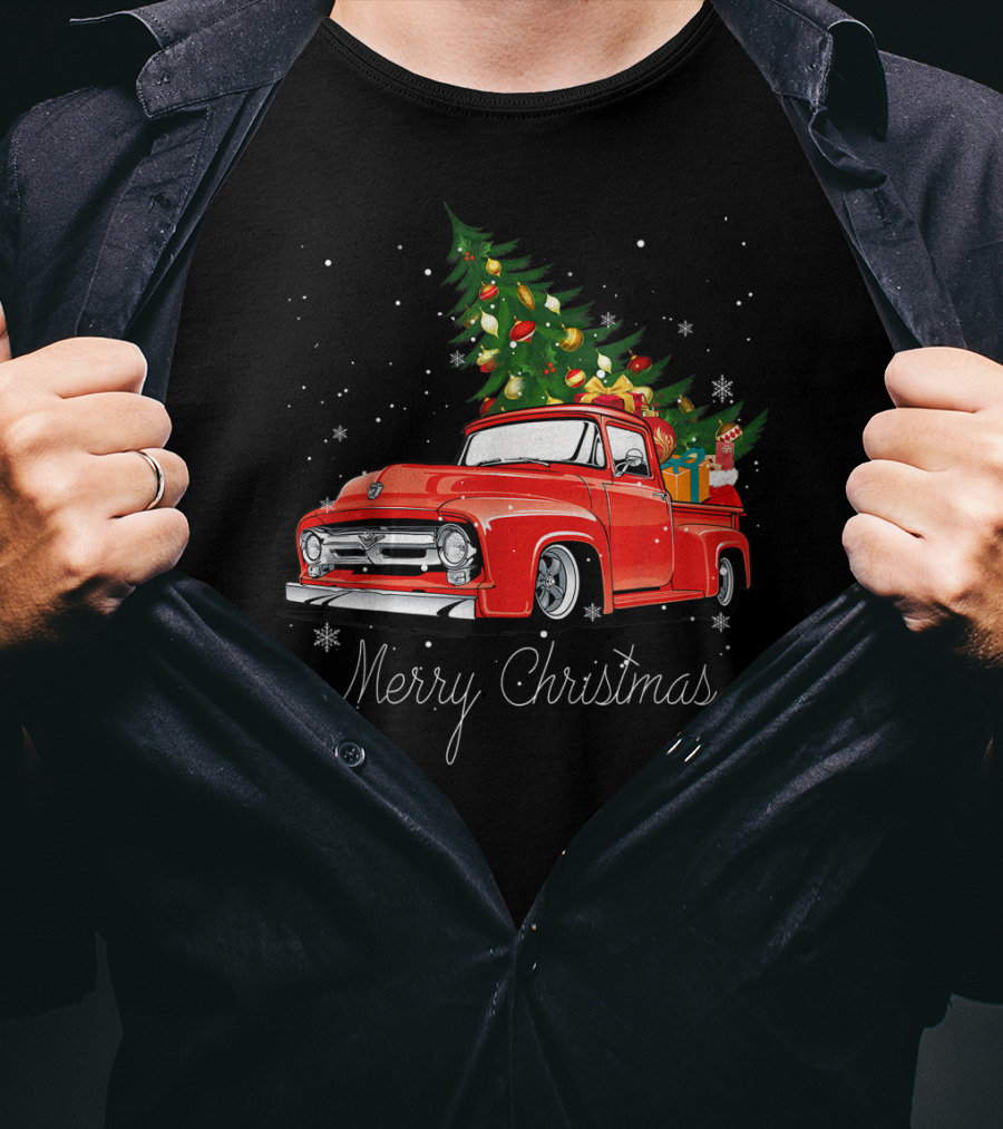 Merry Christmas Red Truck With Christmas Tree And Gifts In Snow T-Shirt