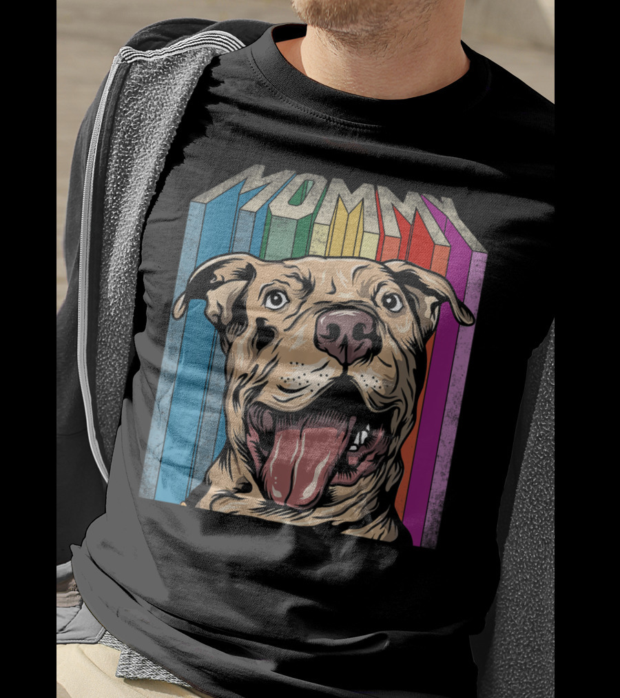Mommy Pitbull Dog Retro Colorful Stripes T-Shirt