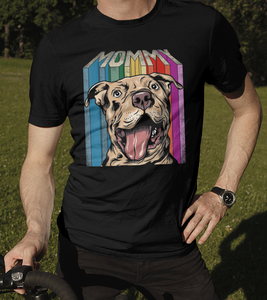 Mommy Pitbull Dog Retro Colorful Stripes T-Shirt