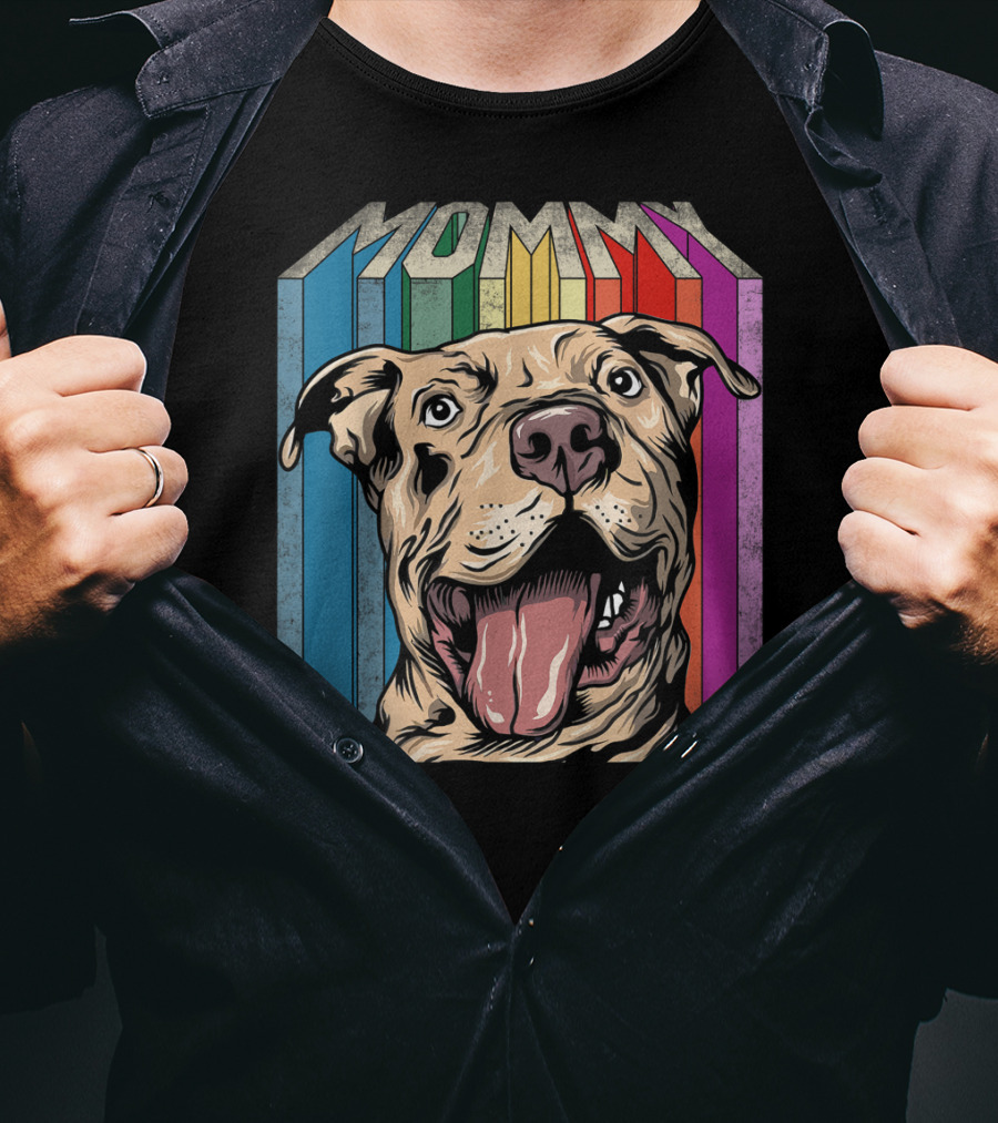 Mommy Pitbull Dog Retro Colorful Stripes T-Shirt