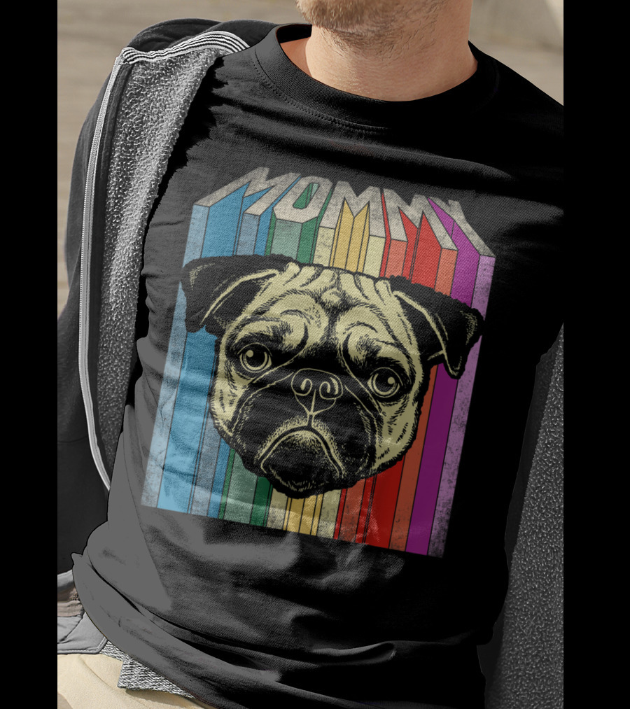 Mommy Pug Dog Retro Rainbow Stripes T-Shirt