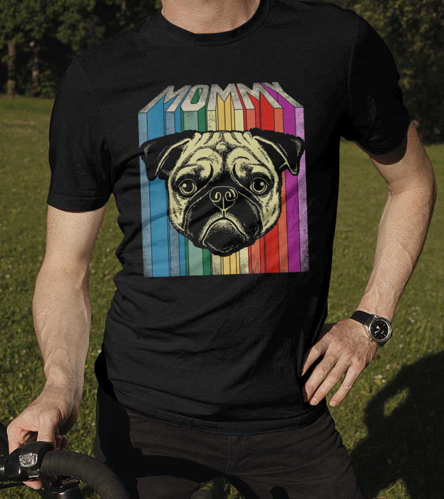 Mommy Pug Dog Retro Rainbow Stripes T-Shirt