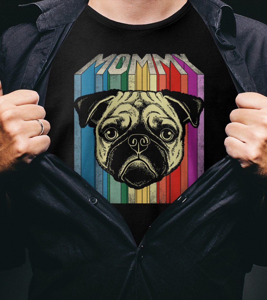 Mommy Pug Dog Retro Rainbow Stripes T-Shirt