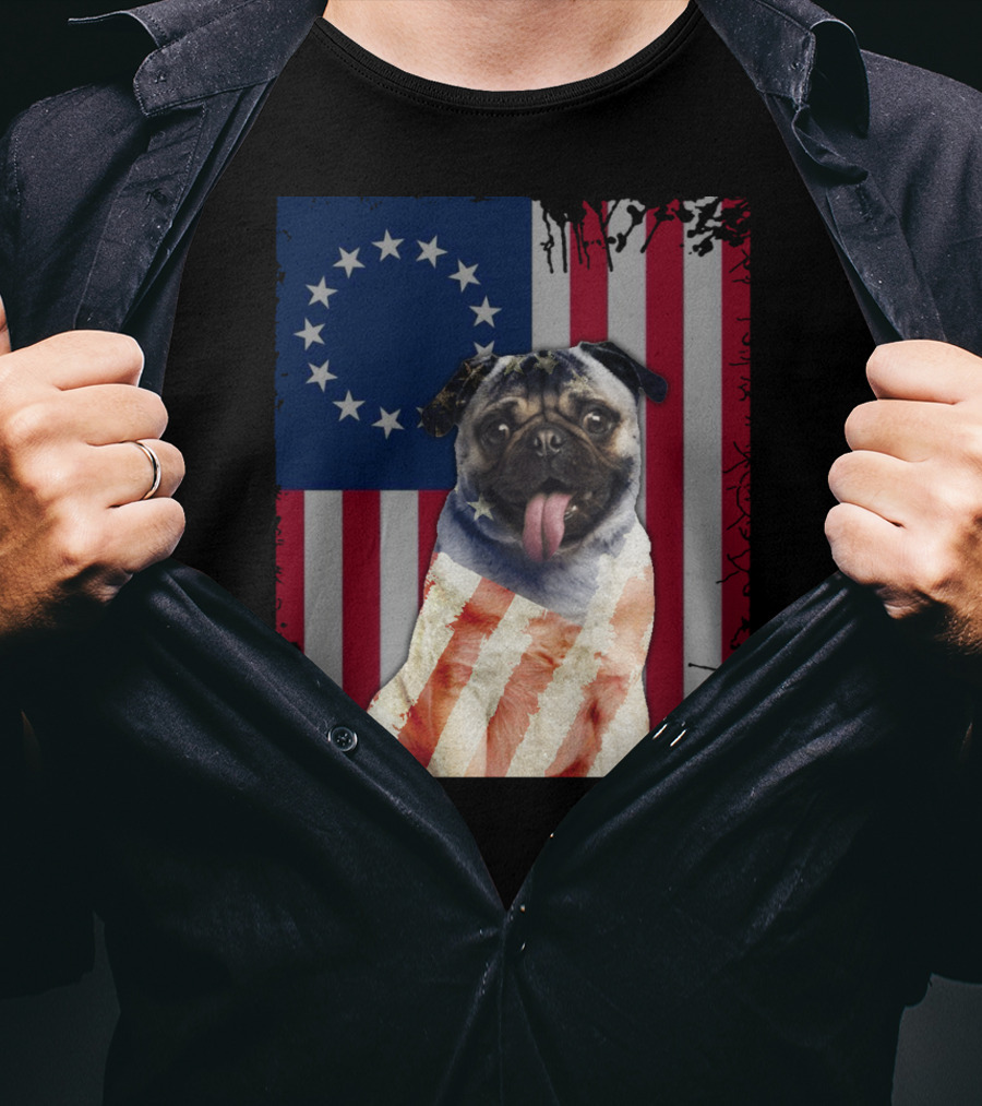 Pug Betsy Ross American Flag Costume Patriotic US Flag T-Shirt