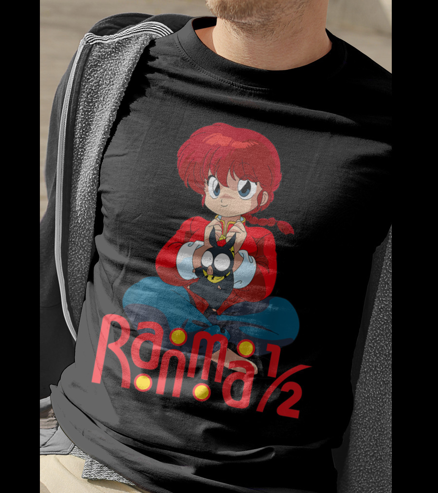 Ranma 1/2 Classic Anime Character Sitting With Black Cat T-Shirt
