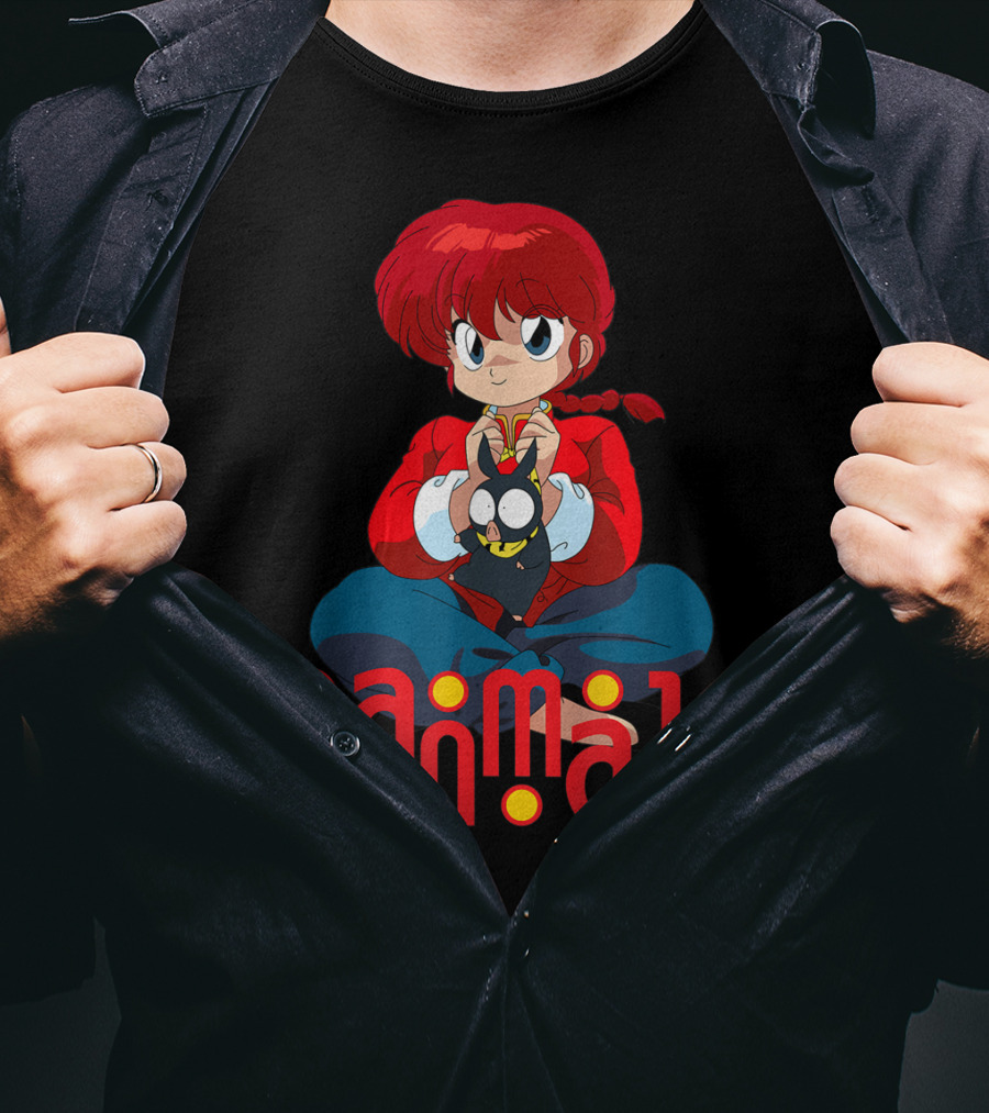 Ranma 1/2 Classic Anime Character Sitting With Black Cat T-Shirt