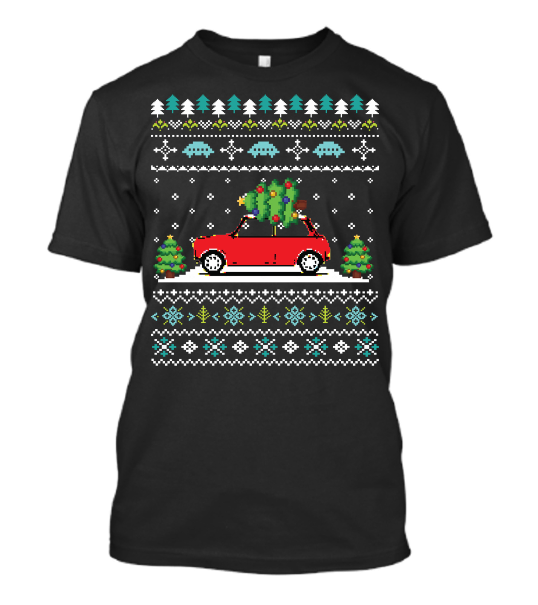 Retro Red Car Christmas Tree Pixel Art Holiday T-Shirt