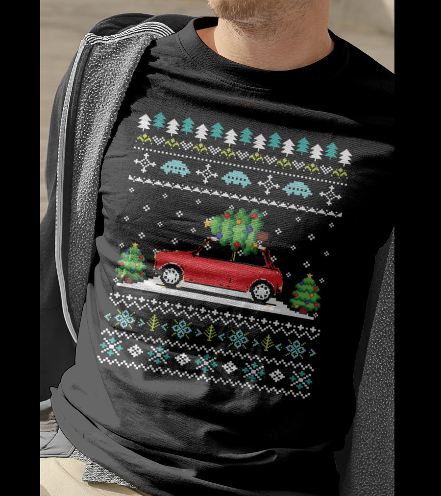 Retro Red Car Christmas Tree Pixel Art Holiday T-Shirt