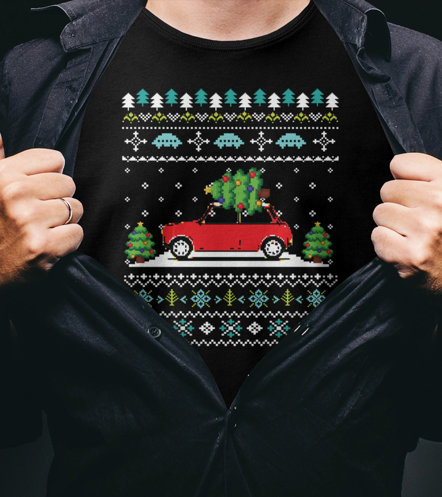 Retro Red Car Christmas Tree Pixel Art Holiday T-Shirt