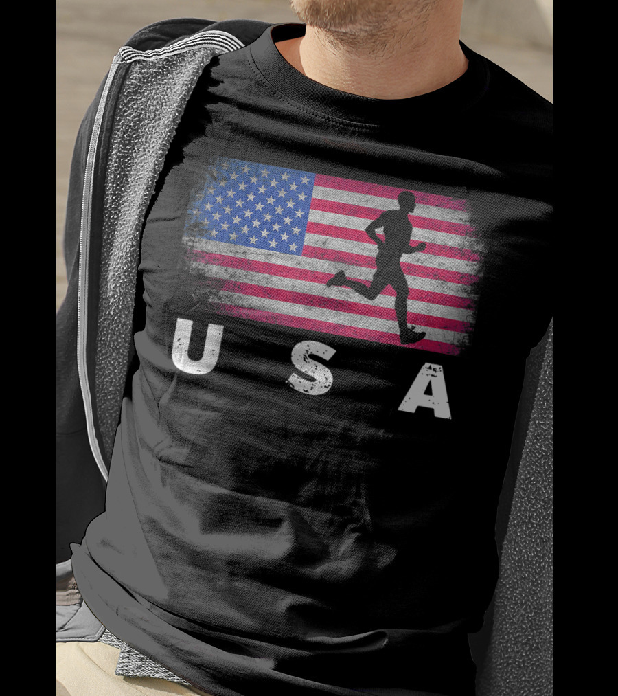 USA American Flag Track Field Running T-Shirt