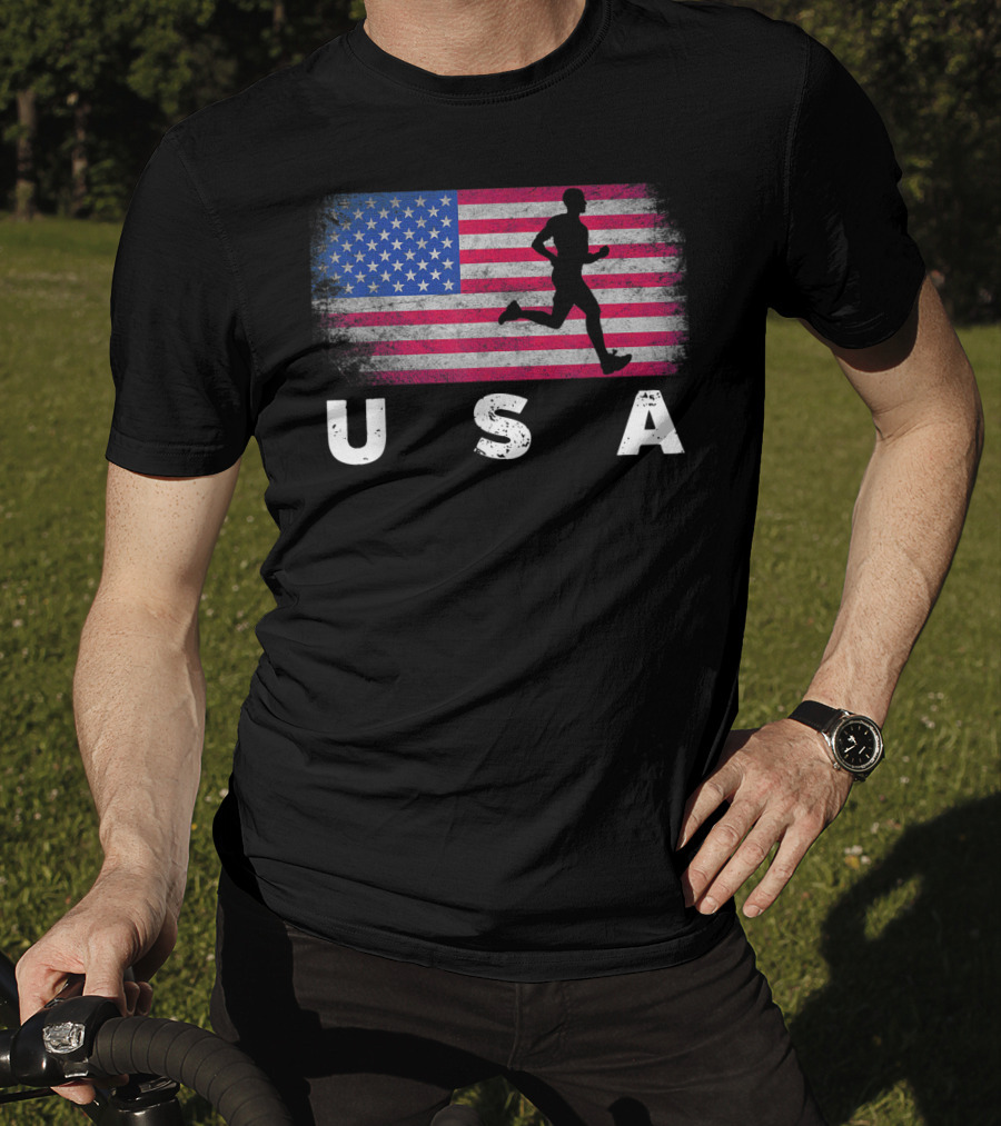 USA American Flag Track Field Running T-Shirt