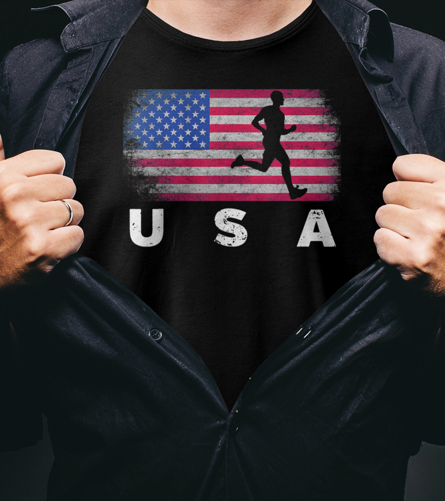 USA American Flag Track Field Running T-Shirt