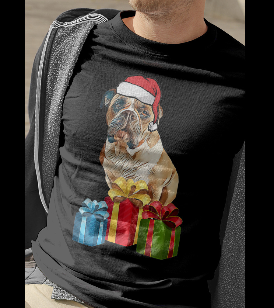Bulldog With Santa Hat And Holiday Gifts T-Shirt