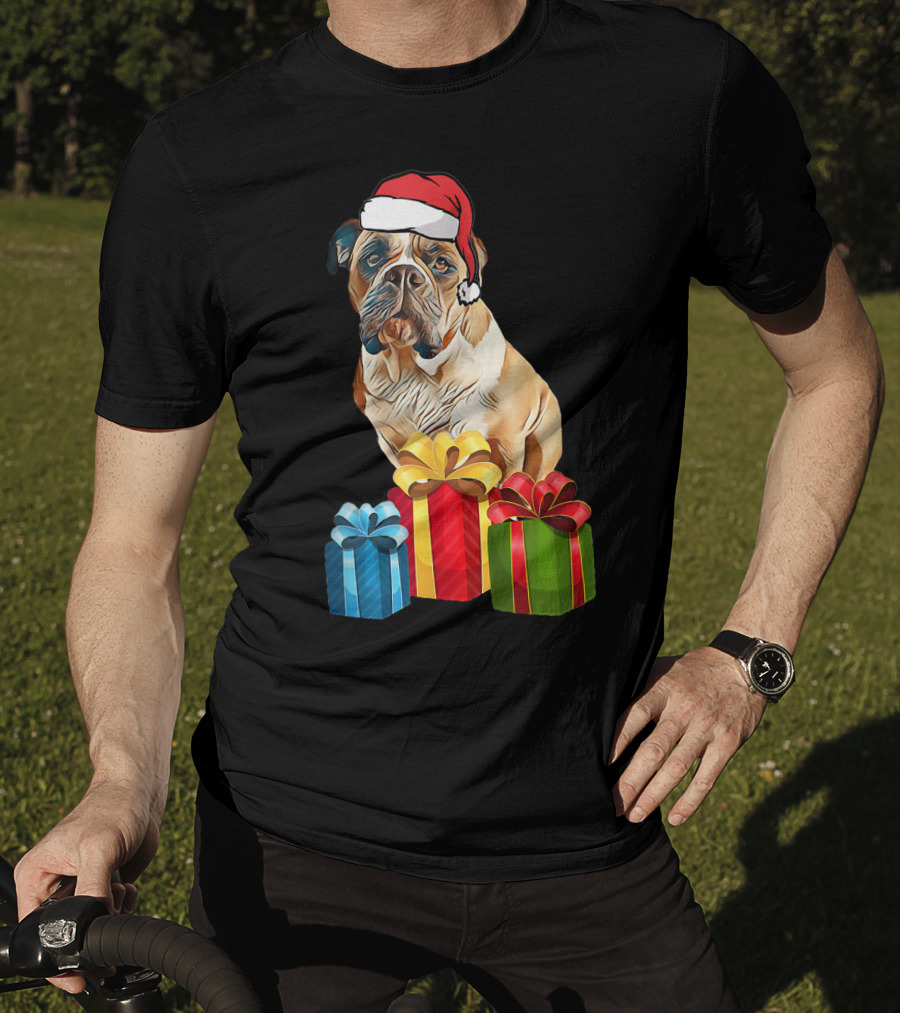 Bulldog With Santa Hat And Holiday Gifts T-Shirt