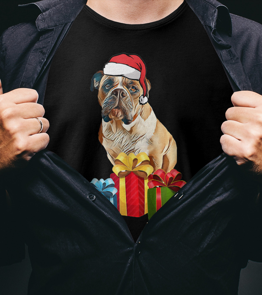 Bulldog With Santa Hat And Holiday Gifts T-Shirt